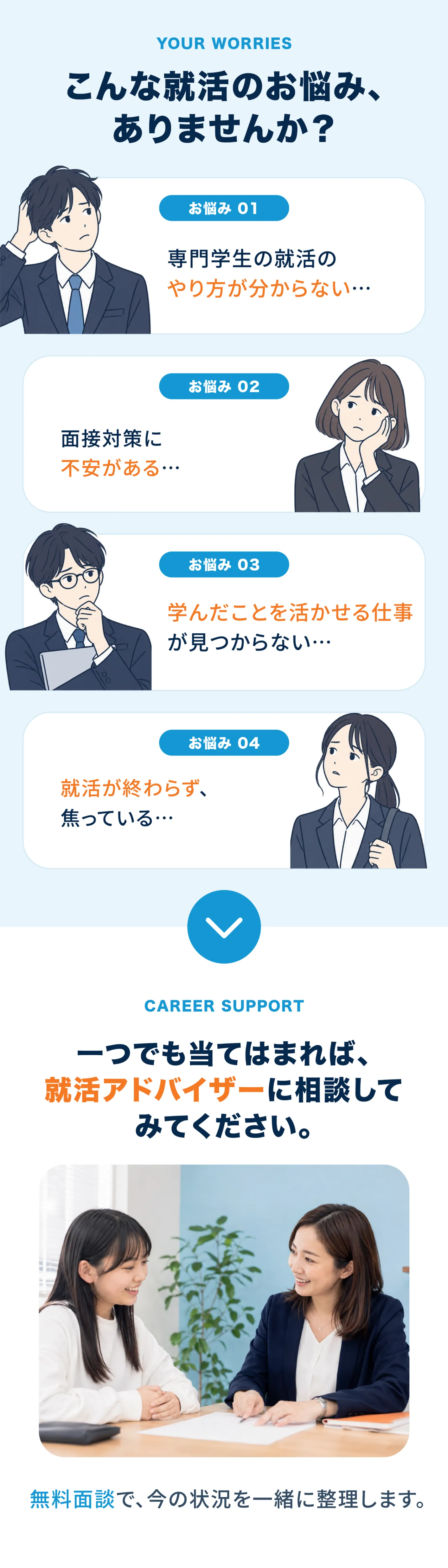 こんな就活のお悩み、ありませんか？専門学生の就活のやり方が分からない、面接対策に不安がある、学んだことを活かせる仕事が見つからない、就活が終わらず焦っている。一つでも当てはまれば、就活アドバイザーに相談してみてください。